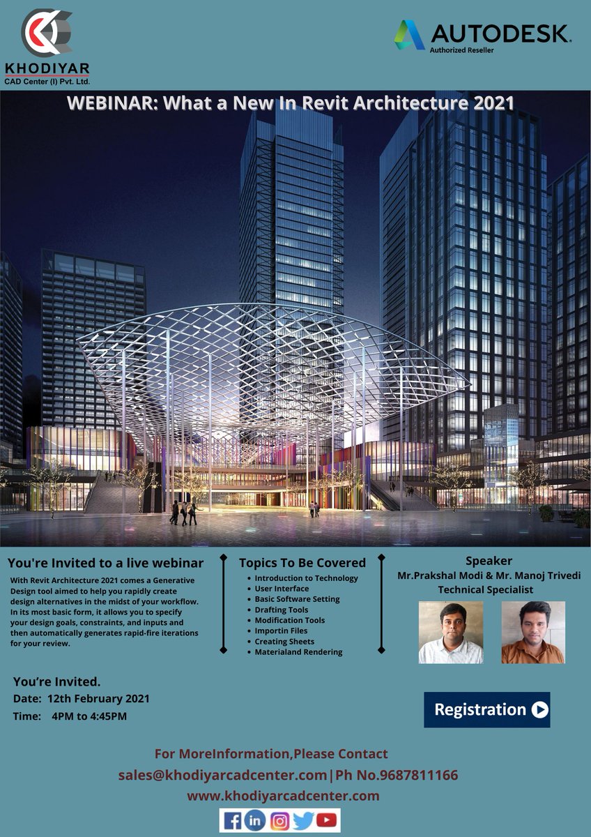 KCCIPL's tweet photo. Dear Sir/Madam,

Greetings from Khodiyar CAD Center India Pvt Ltd..!!!

You are invited for our Autodesk Revit Architecture 2021 Webinar! 

Kindly join this webinar and Register for the same.

https://t.co/jhckp7wrcH https://t.co/TPcK1F8kRZ