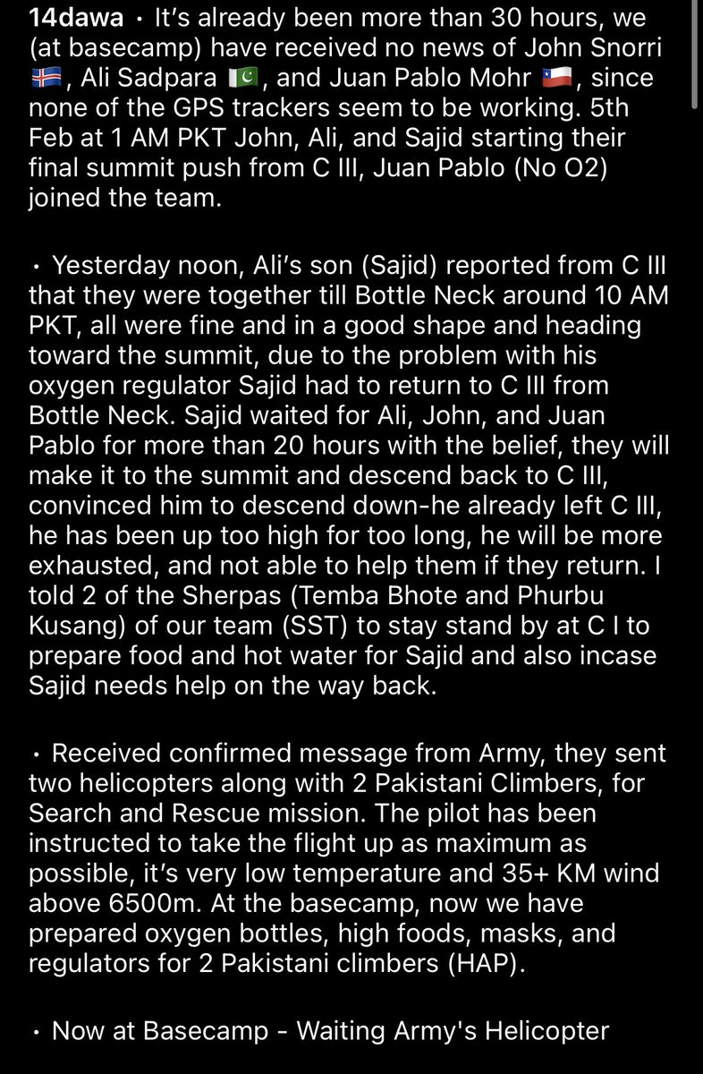 ChhangDawa's tweet photo. It’s already been more than 30 hours, we (at basecamp) have received no news of John Snorri🇮🇸, Ali Sadpara 🇵🇰, and Juan Pablo Mohr 🇨🇱, since none of the GPS trackers seem to be working. 

😢 

#k2expedition #k2winter #k2winter2021 #karakorum #sherpa #nepal #pakistan https://t.co/Q4j9krGJ8e