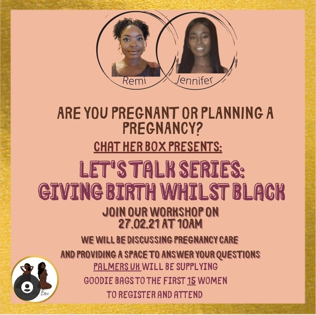 Chat Her Box presents: Giving Birth Whilst Black

A talk delivered by 2 amazing obstetrics &amp; gynaecology doctors whom I've had the pleasure of working alongside.

An event not to be missed 
eventbrite.co.uk/e/chather-box-…