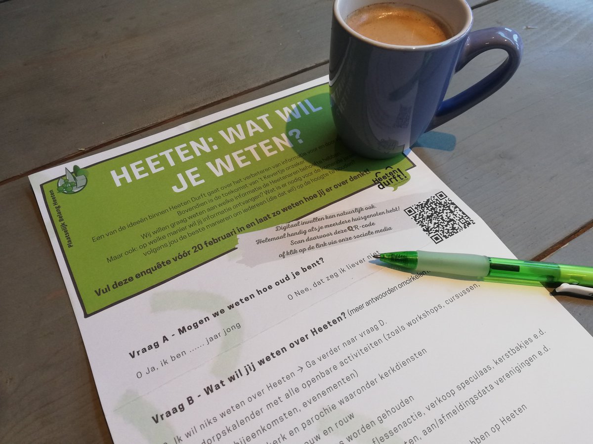Heb jij 'm al ingevuld? Kan tot en met 19 februari. Online invullen, klik hier: forms.gle/SaZb5PPKA6gBfc…

Waar gaat het over?
Eén van de ideeën binnen Heeten Durft gaat over het verbeteren van informatie voor en door Heetenaren. Wat wil jij wilt weten over Heeten? Kom maar door!