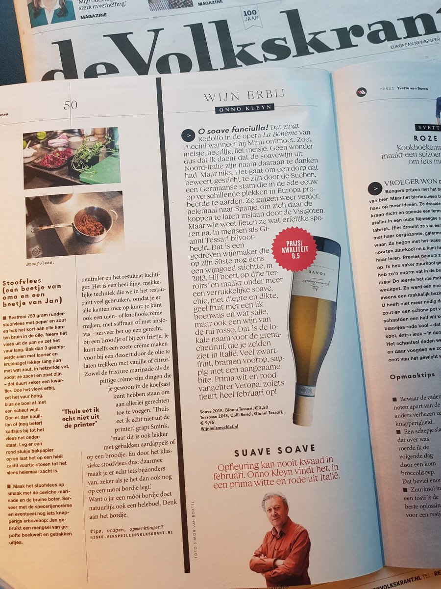 Vereerd! Onze wijn van Gianni Tessari is door wijnjournalist @onnokleyn geselecteerd. Vandaag in De Volkskrant. Mooie eer voor prachtige wijn!