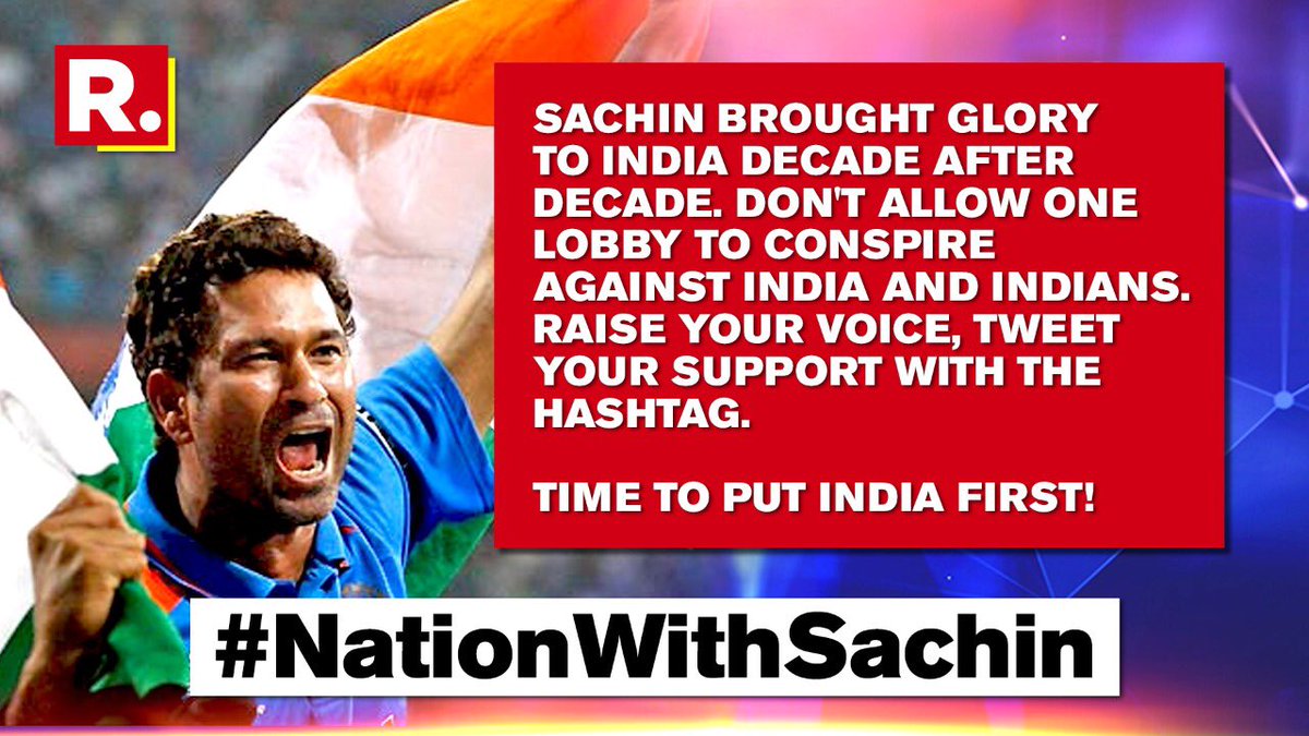 republic's tweet photo. Time for India to come out in support for Sachin Tendulkar. Tweet your support with #NationWithSachin. Raise your voice for India! https://t.co/RnKME2Np23