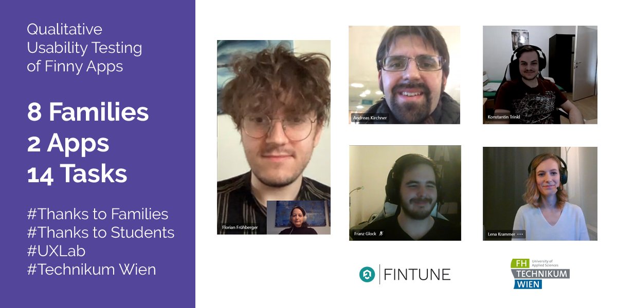 fintune1's tweet image. Florian, Franz, Lena, Konstantin und Kursleiter Technikum Wien machten #uxtests mit #Eltern und #Kindern auf Finny apps. #Covid konnte die finanzielle Bildung nicht aufhalten, ganz im Gegenteil! Vielen #Dank an die Studenten und #Familien für ihre Zeit.