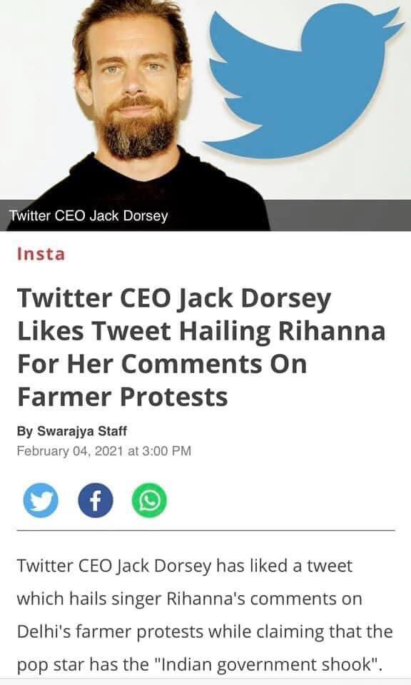 Mandeep94033540's tweet photo. 🇺🇸🇺🇸🇺🇸TWITTER ਦੇ CEO Jack Patrick Dorsey ਵਲੋਂ Rihanna ਦੇ Tweet LIKE ਕਰਕੇ ਕੀਤੀ ਕਿਸਾਨ ਮੋਰਚੇ #FarmersProtests ਦੀ ਸਪ੍ਰੋਟ ਅਤੇ ਮੋਦੀ ਦੀ ਸ਼ਹਿ ਤੇ ਕਿਸਾਨਾ ਨੂੰ Terrorist ਕਹਿਣ ਵਾਲੀ ਟਕੇ ਦੀ ਕੰਗਣਾ ਦੇ Tweet ਕੀਤੇ ਡਲੀਟ
bless you #JackPatrick
@rihanna @jazzyb @diljitdosanjh #IndiaSupportSChakkaJam https://t.co/4YE7Rp8qwm