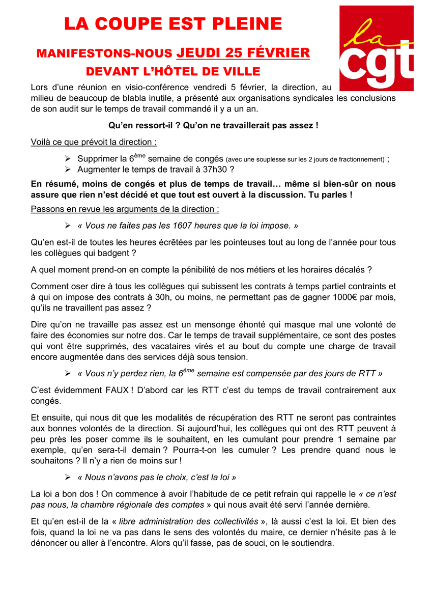 CGTcaGB's tweet photo. LA COUPE EST PLEINE !
Après la suppression du COS, des primes et congés.
À #Belfort ou au GrandBelfort travailler plus pour gagner moins c'est maintenant.
La casse continue avec une remise en cause du temps de travail des agents.
Appel à la mobilisation le jeudi 25 février. https://t.co/mU05tRLKZb