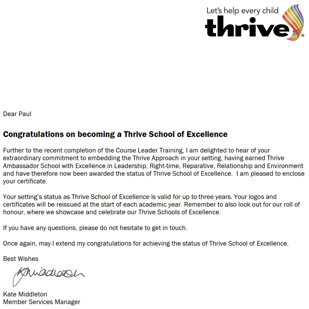 Kept this quiet for months, can finally announce <a href="/ThriveApproach/">Thrive Approach</a> have awarded us their top honour ‘School of Excellence’! The very first in the whole country. Bursting with pride!💛 <a href="/BBCSpotlight/">BBC South West</a> <a href="/tpacademytrust/">Truro and Penwith Academy Trust</a>   <a href="/BBCCornwall/">BBC Cornwall</a> <a href="/KensingtonRoyal/">The Prince and Princess of Wales</a> <a href="/HeadStartKernow/">HeadStartKernow</a> <a href="/KateEvanHughes1/">Kate Evan-Hughes</a>