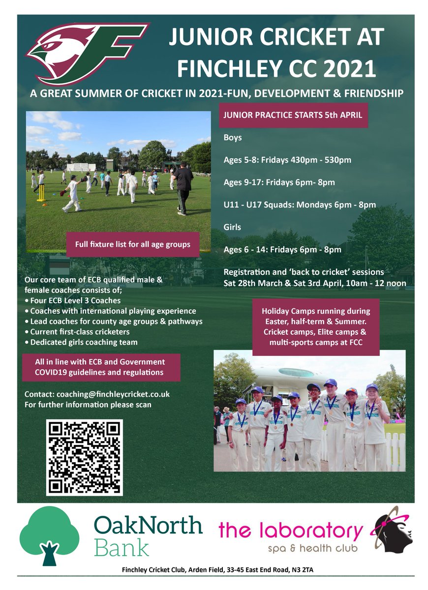 finchleycricket's tweet photo. Cricket season is approaching! Come and join us for an exciting junior season! Coaching, camps &amp; a full fixture list. Fun, Development, Friendship 🙂🏏 #Summer2021 #cricket https://t.co/rtMN9qMkNy