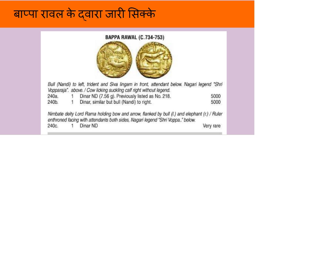 बप्पा के सिक्के ओझा अजमेर के सोने के सिक्के बप्पा रावल के हैं. सिक्के का वजन 115 ग्रम है, जिसमें सामने की ओर ऊपर के हिस्से में माला के नीचे श्री बोप्प लेख है. इसके बाईं ओर त्रिशूल व दाहिनी तरफ वेदी का शिवलिंग बना है और इसी तरफ नंदी शिवलिंग की ओर मुख करके बेठे है.जबकि