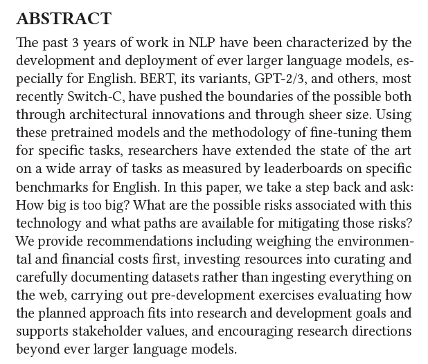 On the Dangers of Stochastic Parrots: Can Language Models Be Too Big?  By Emily M. Bender, Timnit Gebru, Angelina McMillan-Major, & Shmargaret Shmitchell  #amreading  #StochasticParrots