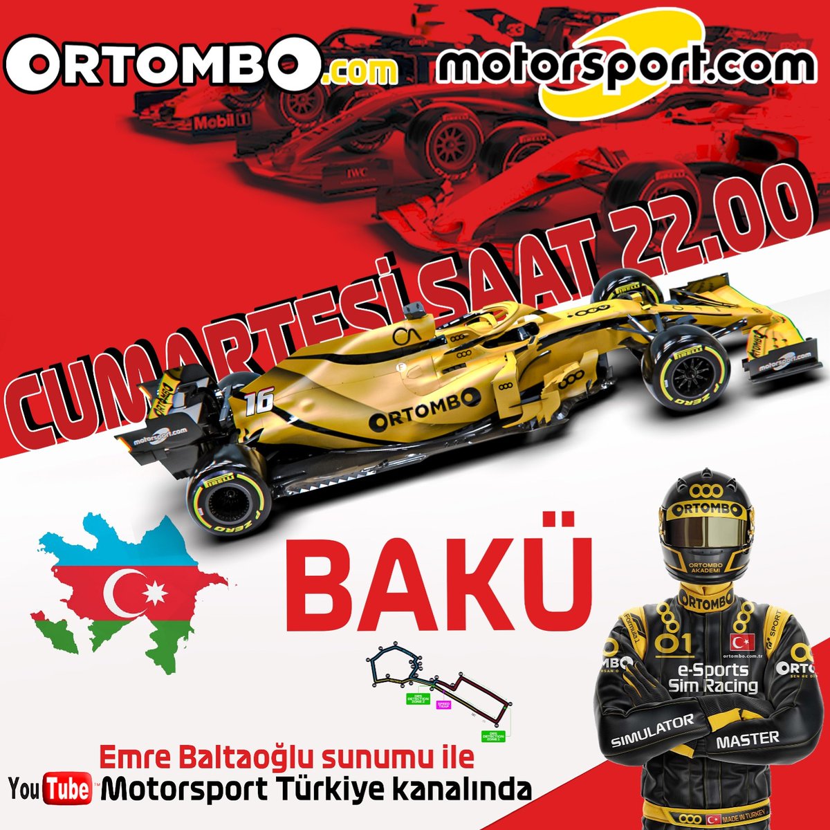 <a href="/ortomboespor/">ORTOMBO AKADEMİ/E-SPOR</a> ve <a href="/Motorsport_TR/">N🫠</a> işbirliğiyle düzenlenen @f12020 turnuvası bu akşam sezonun ikinci yarışı olan bakü cadde pistiyle devam ediyor...

Bu akşam saat 22:00'de @emreybaltaoglu sunumuyla youtube/motorsporttürkiye kanalında canlı anlatımla sizlerle...
İYİ SEYİRLER ‼️