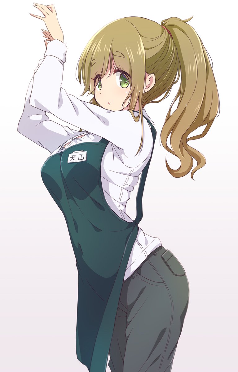 inuyama aoi 1girl employee uniform solo name tag apron pants thick eyebrows  illustration images