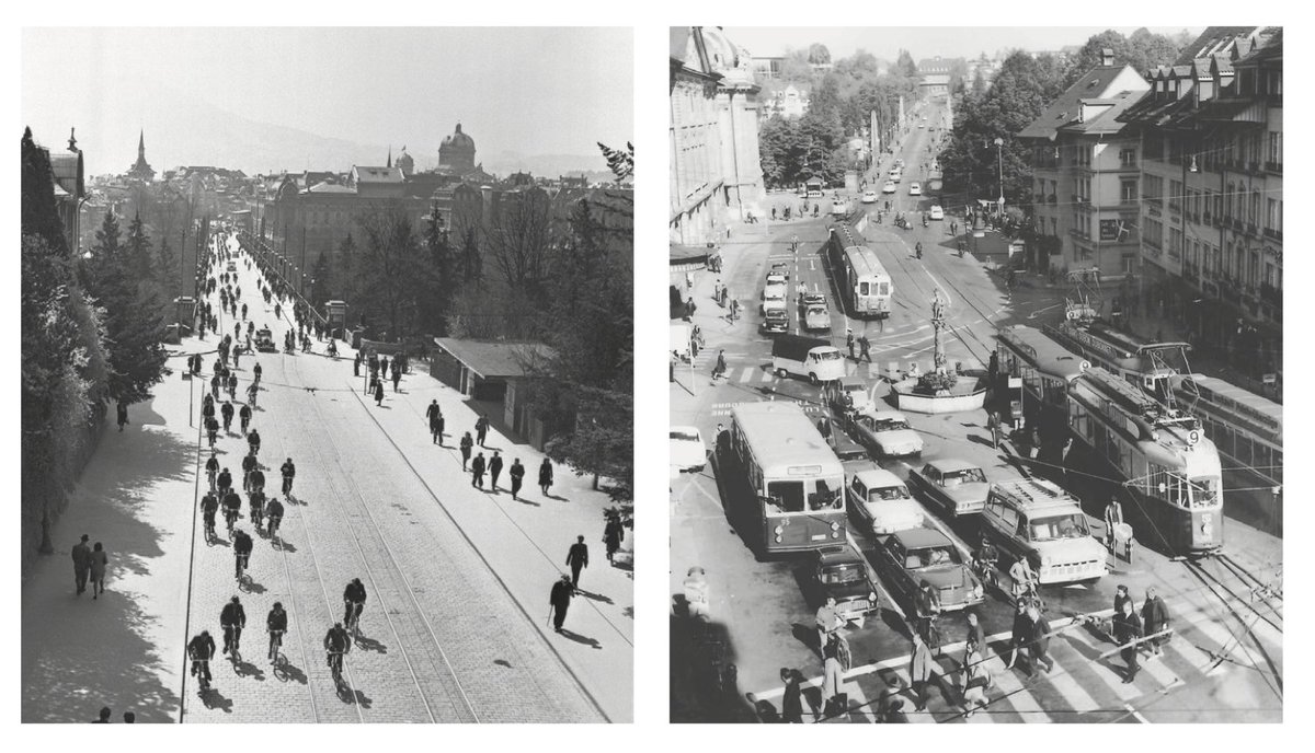 (10/10) Die beiden Fotografien dokumentieren die schwindende Präsenz des Velos im Berner Strassenverkehr.Es ist Zeit für die Verkehrswende in den Städten. The future is now.