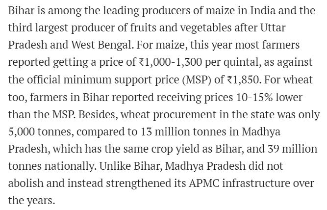 Claim 2: Farmers have freedom to sell outside of APMC and above MSPThis is true on face value. Digging deeper, it's paving the way for the dismantling of APMC and MSP, causing loss to the farmers. Look at Bihar for example where mandi system has been abolished and their prices.