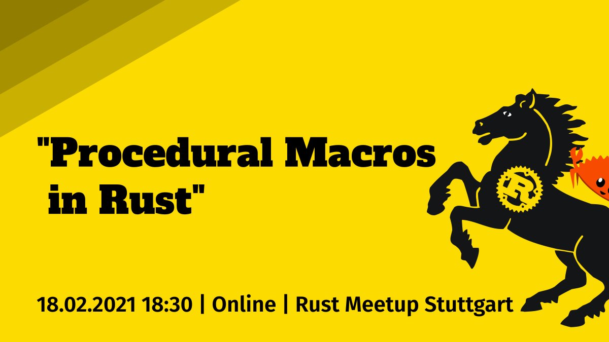 ANNOUNCEMENT: Our next <a href="/rustlang/">Rust Language</a> online meetup will be on Feb 18, 18:30 CET. <a href="/FKohlgrueber/">Felix Kohlgrüber</a> will be giving a talk about "Procedural Macros in Rust". Come and join us!

RSVP here: meetup.com/de-DE/Rust-Com…