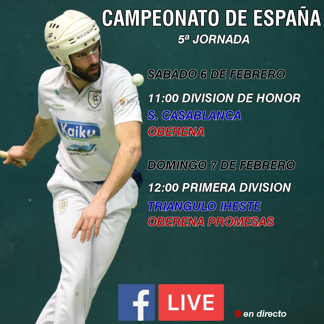 CARTELERA 6/2 - 7/2

🏆Cpto España Clubes de pala

➡️DIVISIÓN DE HONOR

📍<a href="/stcasablancazgz/">Stadium Casablanca</a>

Stadium Casablanca - Oberena

➡️PRIMERA  

📍Colmenar Viejo

Triángulo Iheste - Oberena Promesas

📽 Facebook: C.D. Pelota Oberena 
m.facebook.com/CD-Pelota-Ober…