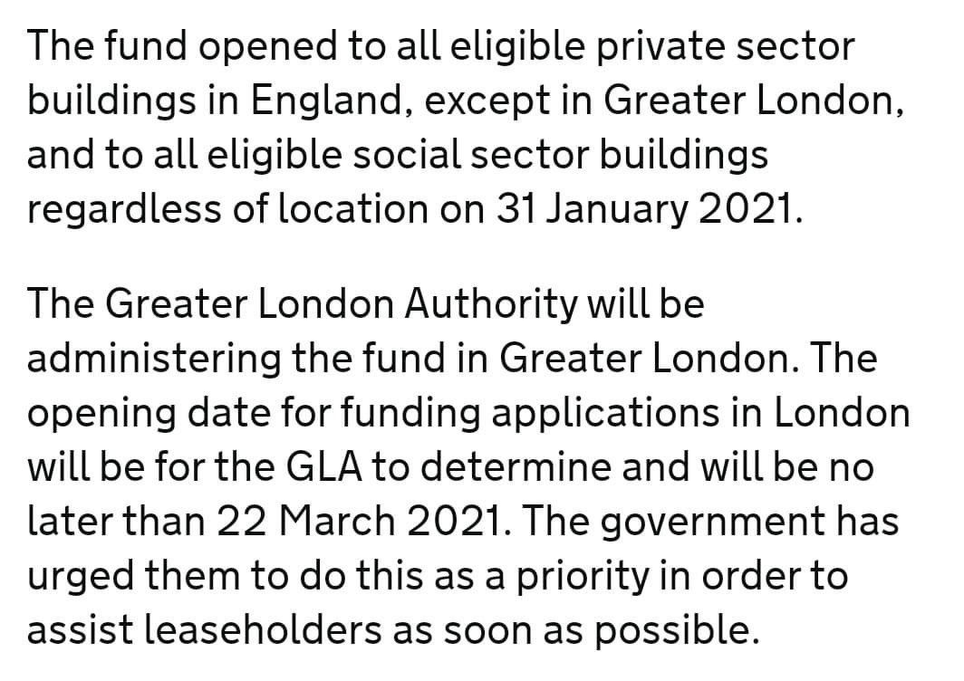 Not only is the fund far too small, the 22nd March 2021 is far too late. We need the Waking Watch Relief Fund to open NOW for Greater London. 

#EndOurCladdingScandal #WakingWatch