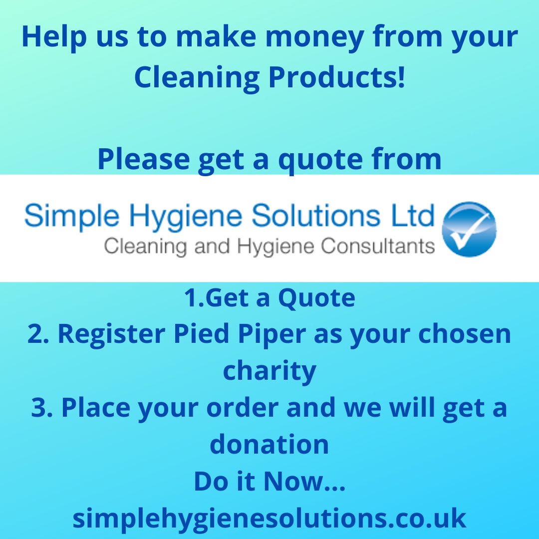 Pied Piper Appeal (@piedpiperappeal) on Twitter photo Use cleaning products in your business?
Please get a quote from <a href="/Intocleaning/">Simple Hygiene Solutions Ltd</a> & we could get a donation!
All the details are here.....
Say Hi to Si 🖐
#charity #fundraising #its4thekids Use cleaning products in your business?
Please get a quote from <a href="/Intocleaning/">Simple Hygiene Solutions Ltd</a> & we could get a donation!
All the details are here.....
Say Hi to Si 🖐
#charity #fundraising #its4thekids