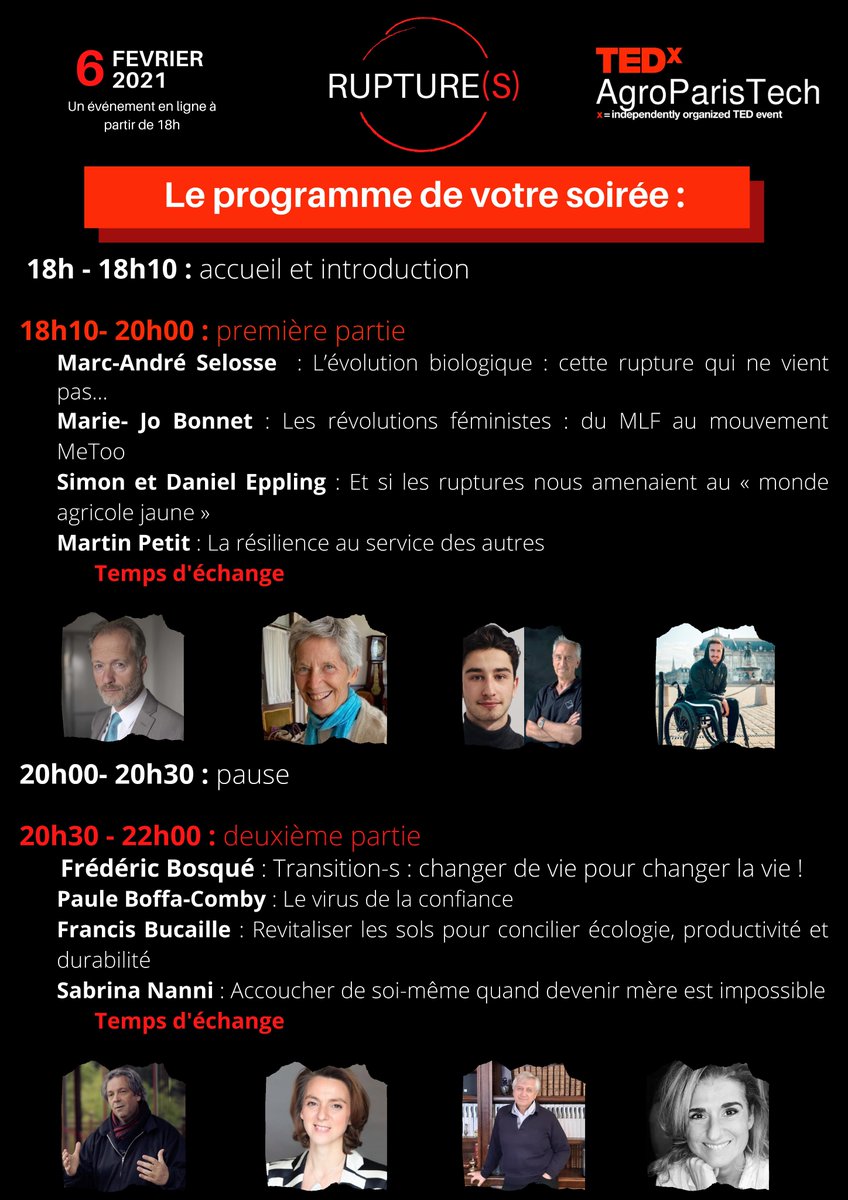 Voici la programmation de votre soirée ! 9 speakers, 8 talks exceptionnels sur le thème Rupture(s) ! Rendez-vous ce soir, 18h-22h pour la 5ème Édition du TEDxAgroParisTech !
📍 Lien de diffusion : 
 runtheworld.today/app/c/TEDxAgro…
Inscrivez-vous dès maintenant en cliquant sur register !