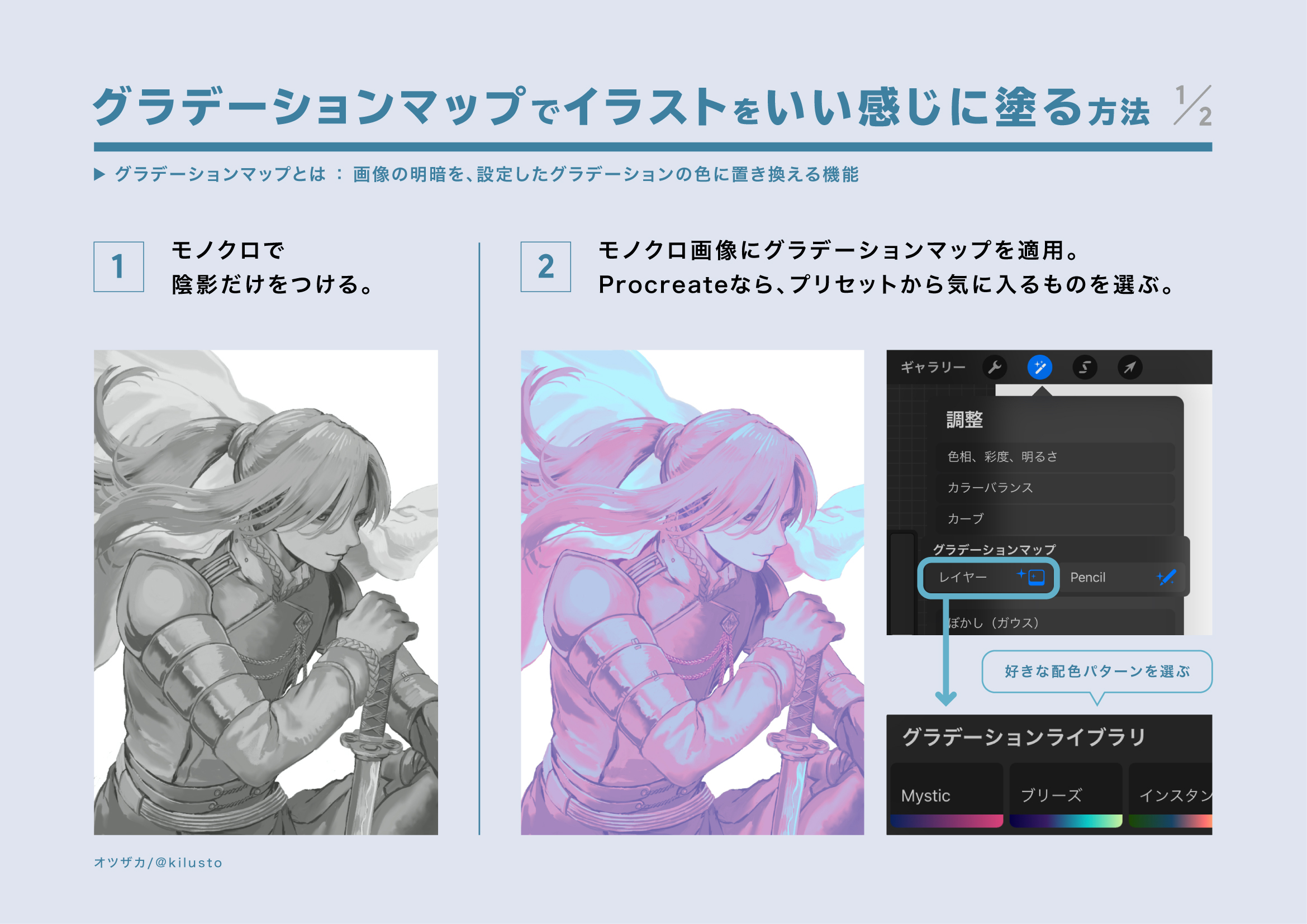 オツザカ イラスト集通販中 グラデーションマップを使って 簡単に色を塗る方法をまとめました 統一感のあるイラストが描けるので最近よく使ってます Procreateなら初めからパターンが用意されていて気に入ったものを選ぶだけ 他のソフトでも