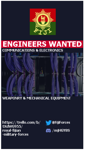 FijiForces's tweet photo. The Fijian Military is recruiting Engineers for their Artillery, Technical and communicational duties.

Join the Fijian Engineers within the Land Forces TODAY by submitting an application:
https://t.co/PXMAvC5kAr

Discord: https://t.co/MMG1aencDr
#cw
#FijiNews 
#RFMF 
#Engineers https://t.co/r6V0u4Q1JX