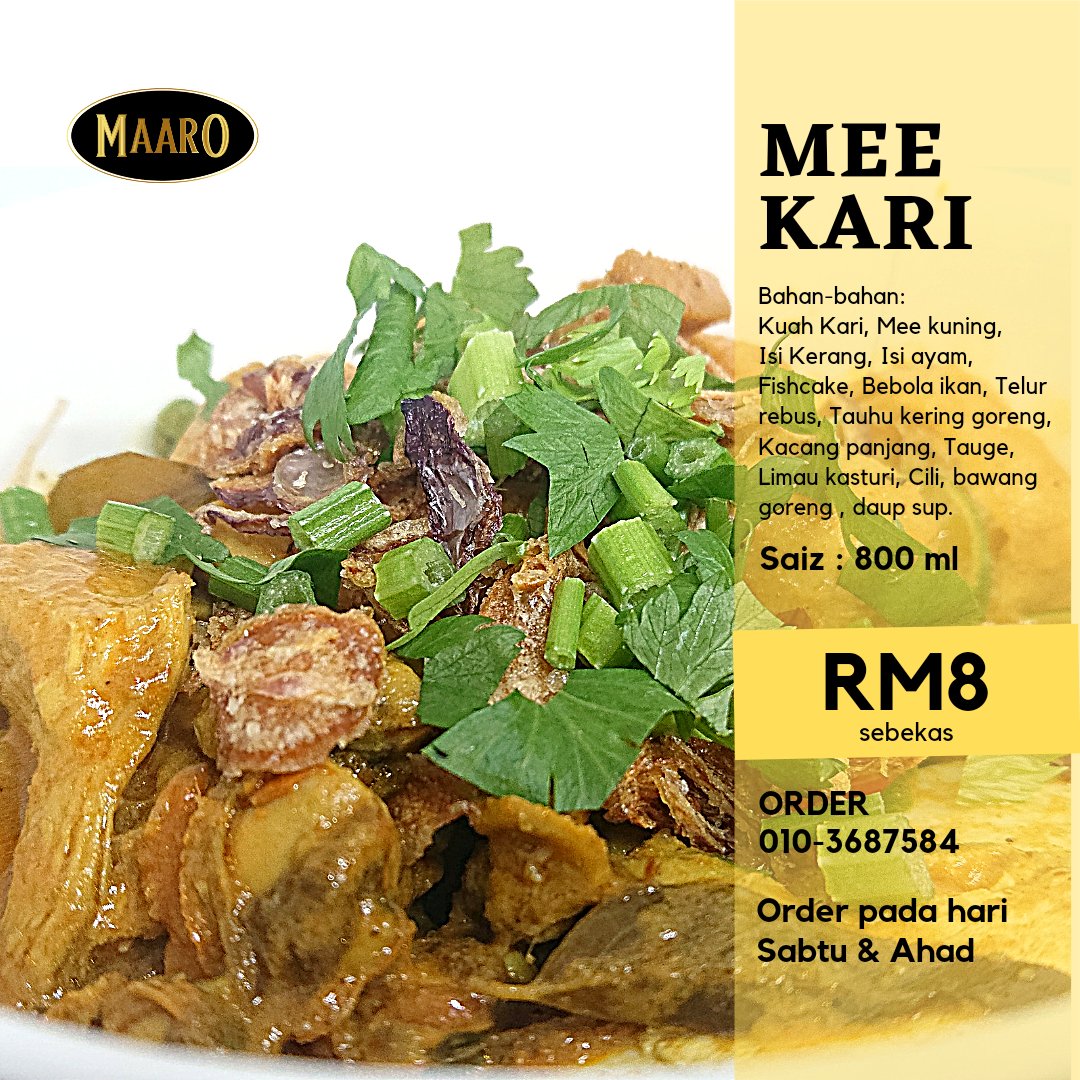maarofood's tweet photo. Craving MEE KARI 😋😋
Ngidam MEE KARI 🤤🤤
TAPI😐Mee kari ni ada weekend jerk😬Kalo nak WOW lagi, boleh tambah Udang jugak😃

OPEN ORDER NOW! 
 🍜 AHAD  (7/2/2021)

ORDER SEKARANG!
FIRST COME FIRST GRAB!
📲https://t.co/XrevRljNgk

@BangiCommunity @FoodViralMY @viralbisneskl https://t.co/SjDw2SRPFm