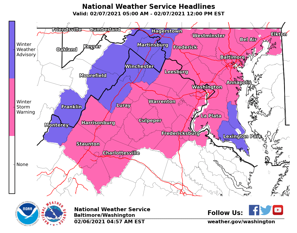 Winter Storm Warnings and Winter Weather Advisories have been posted for much of the area for tonight through Noon Sunday for 3-6 inches of snow (warning area in pink) and 2-3 inches (advisory area in purple). #DCwx #MDwx #VAwx #WVwx