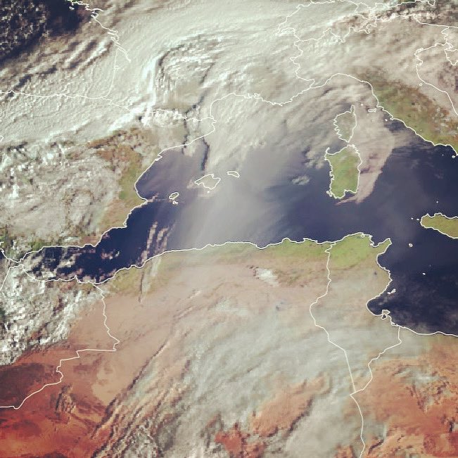 Sable et explications 🙌👉
L’image satellite du matin où l’on distingue parfaitement le sable Saharien remontant dans le fort flux de sud.
C’est un phénomène classique dans les #pyrenees 📷 <a href="/eumetsat/">EUMETSAT</a>