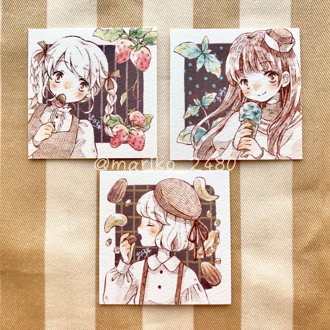 ミニ原画3点完成しました!
ストロベリーチョコレート、チョコミント、ショコラプラリネをイメージした子たち?
落ち着いた感じにしたかったので、塗りは控えめにしました?

#sweettemptation 