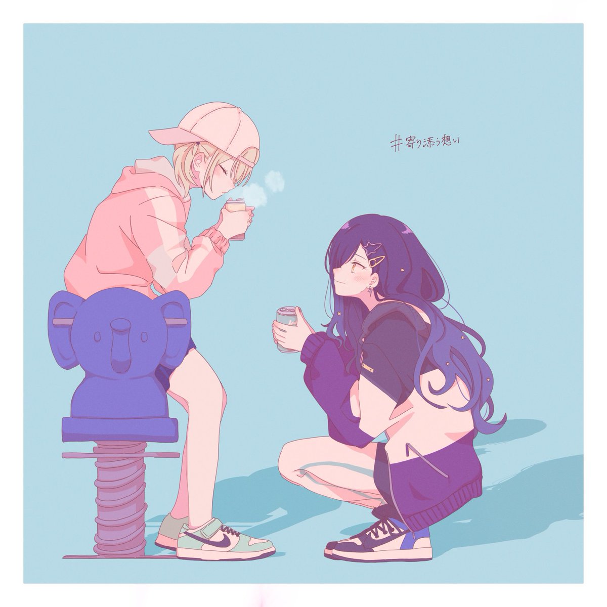 2girls multiple girls squatting hood hoodie long hair hat  illustration images
