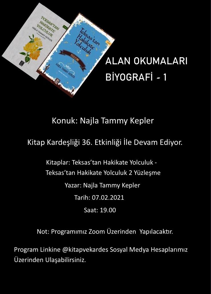 Kitap Kardeşliği Olarak 36. Etkinliğimizde Najla Tammy Kepler'in Teksas'tan Hakikate Yolculuk I-II kitaplarını değerlendireceğiz.

Hepinizi bekliyoruz.

07 Şubat (Yarın) Saat 19.00'da programımızın linki için özelden bizlere ulaşabilirsiniz.

@najlatrk