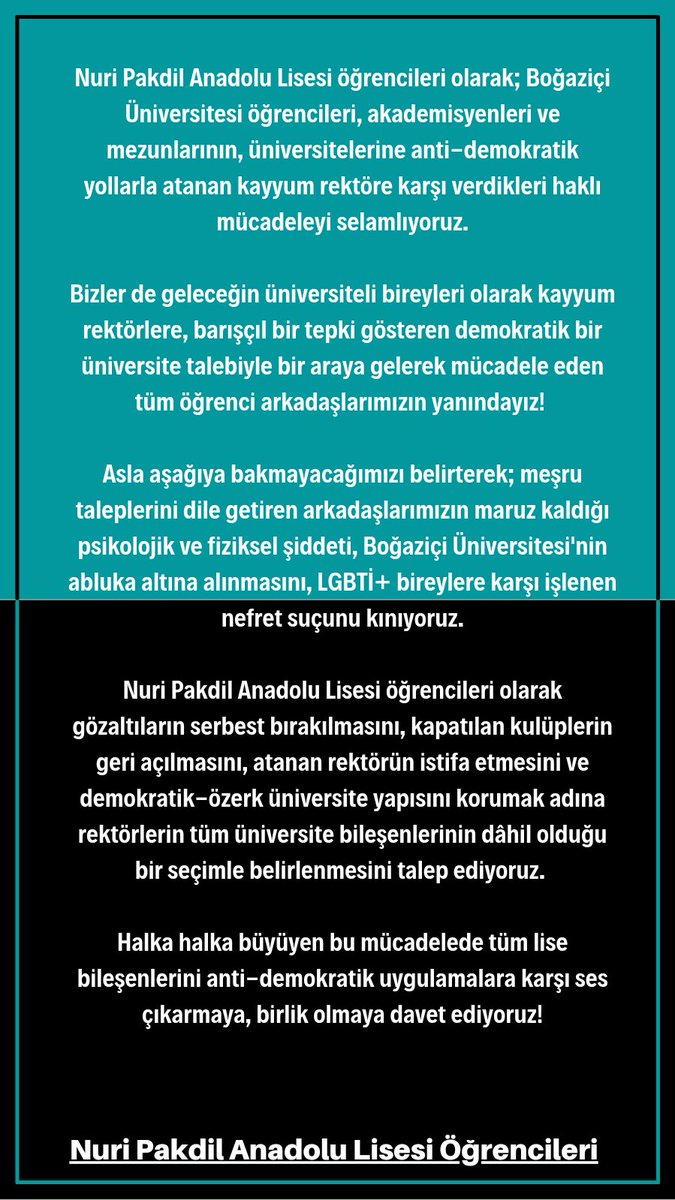 Sultangazi'de Nuri Pakdil Anadolu Lisesi öğrencileri #AsagiBakmayacagiz diyerek tüm lise bileşenlerini bu mücadeleye ortak olmaya davet ediyor! #bizyazdık
#HerYerBogaziciHerYerDirenis
#Arkadaslarımızıİstiyoruz
#BogaziciDireniyor
#gençkenkoruonurunu
<a href="/lisedayanisma1/">Liseli Öğrenciler Dayanışması</a>