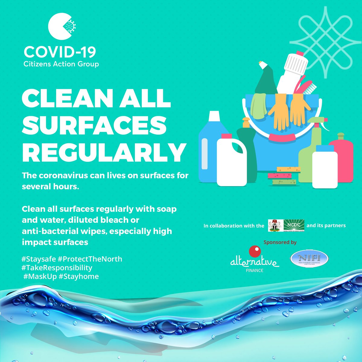 Regular cleaning & disinfection of all surfaces helps to limit the spread of #COVID19.

Let's #TakeResponsibility & prevent the spread of #COVID19Nigeria.

Adhere to all non pharmaceutical interventions on #COVID19 prevention.
#StaySafe @EHORECON_HQ @Fmohnigeria @FMEnvng @WHO