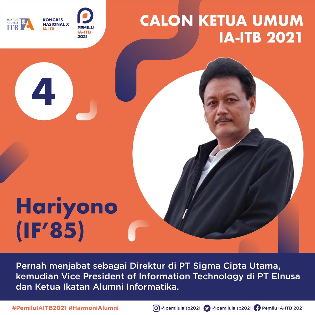 Halo, Alumni ITB dan Indonesia!  
Yuk kenalan dengan Kandidat Ketua IA-ITB.  
Kamu bisa menyampaikan aspirasi ataupun pertanyaanmu di kolom komentar instagram @pemiluiaitb2021 ya! 

 #HarmoniAlumni #PemiluIAITB2021