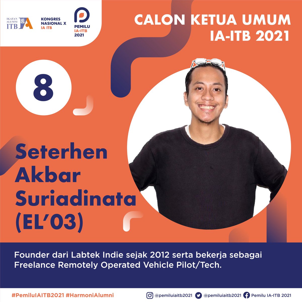 Halo, Alumni ITB dan Indonesia!  
Yuk kenalan dengan Kandidat Ketua IA-ITB.  
Kamu bisa menyampaikan aspirasi ataupun pertanyaanmu di kolom komentar instagram @pemiluiaitb2021 ya! 

 #HarmoniAlumni #PemiluIAITB2021