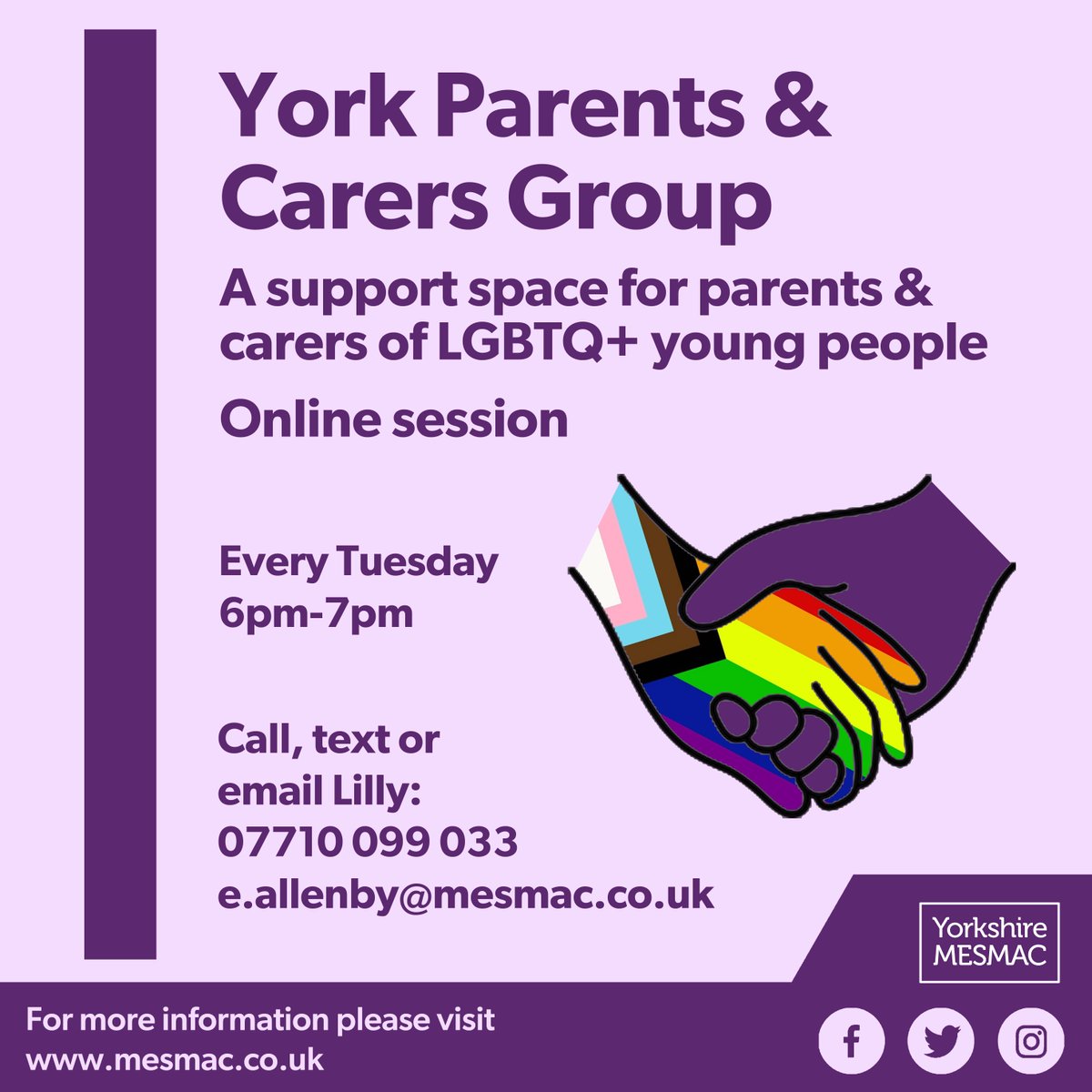 MESMAC (@mesmachealth) on Twitter photo Are you a parent or a carer of a #LGBTQ+ young person in #York? Connect with others and get peer support from our new online group! ππ
Every Tuesday, 6pm-7pm.
To join, contact Lilly on 07710 099 033 or e.allenby@mesmac.co.uk. Are you a parent or a carer of a #LGBTQ+ young person in #York? Connect with others and get peer support from our new online group! ππ
Every Tuesday, 6pm-7pm.
To join, contact Lilly on 07710 099 033 or e.allenby@mesmac.co.uk.