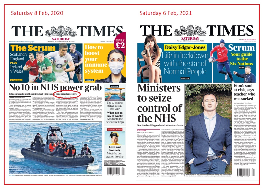 Deja vu....New laws to shake up NHS, reverse Lansley reforms and give ministers control. Two stories, by the same author, exactly one year apart. Today's is "exclusive". It puts flesh on the bones, but is essentially the same. (1/?)