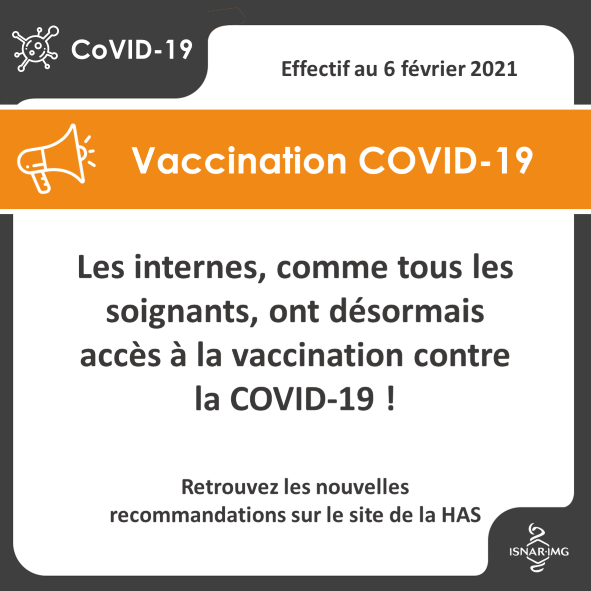 [Vaccination COVID-19]

📣 Les internes, comme tous les soignants, ont désormais accès à la vaccination contre la COVID-19 ! 

Retrouvez les nouvelles recommandations de la 
<a href="/HAS_sante/">Haute Autorité de santé</a>  : 
link.infini.fr/hasvaccins