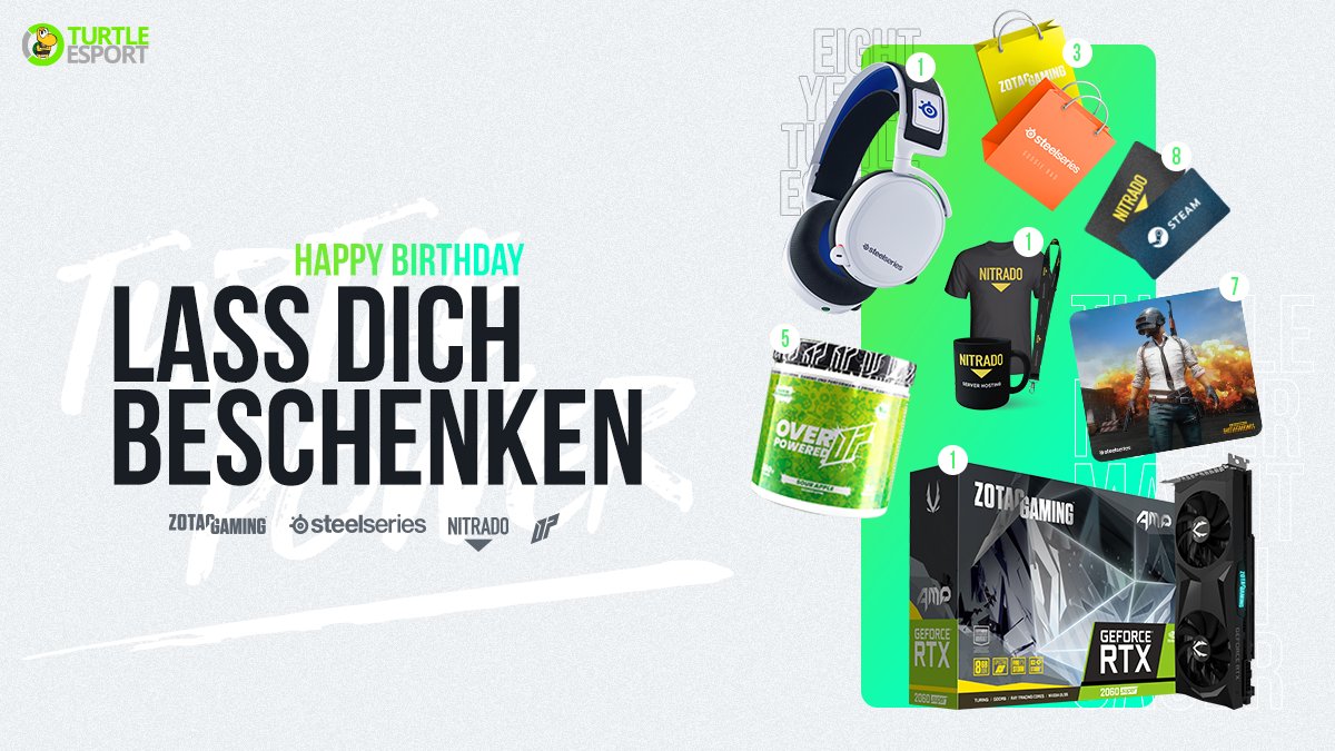 Zum Geburtstag darf eines nicht fehlen: Geschenke aufrei... ehhh beschenken!  

Zusammen mit @SteelSeriesDE <a href="/ZOTAC_DACH/">ZOTAC DACH 🇩🇪 🇦🇹 🇨🇭</a> @nitrado &amp; <a href="/overpoweredeu/">Overpowered</a> verlosen wir massig zeug an Dich! 🎉🎊

Wie Du teilnehmen kannst, erfährst du im Stream unter: twitch.tv/turtleesporttv

#Werbung