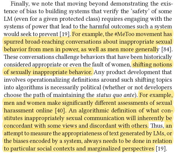 Any product development that involves operationalizing definitions around [...] shifting topics into algorithms is necessarily political (whether or not developers choose the path of maintaining the status quo ante).  #StochasticParrots