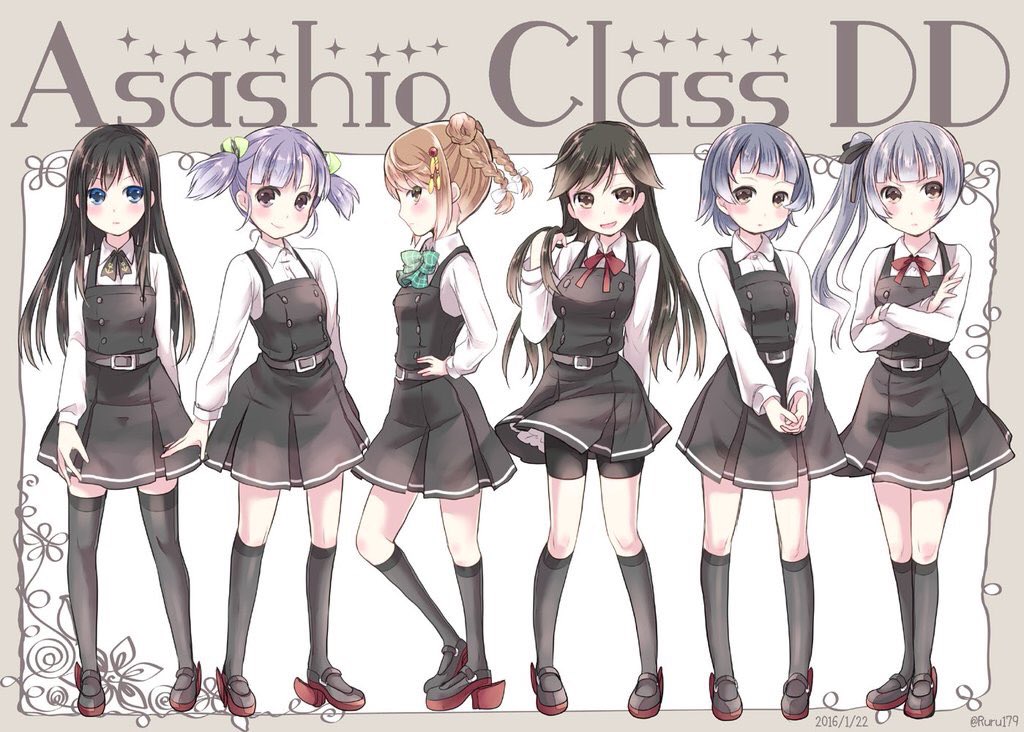 霰(艦隊これくしょん) ,荒潮(艦隊これくしょん) ,朝潮(艦隊これくしょん) ,asashio_kai_ni_(kancolle) ,霞(艦隊これくしょん) ,霞改二 ,満潮(艦隊これくしょん) ,大潮(艦隊これくしょん) 「#これを見た人は無言で並びをあげる 」|藍川琉々📚次は5月横須賀時雨オンリーのイラスト