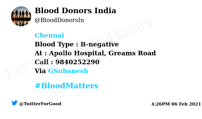 BloodDonorsIn's tweet photo. #Chennai
Need #Blood Type :  B-negative
At : Apollo Hospital, Greams Road 
Blood Component : Blood
Number of Units : 5
Primary Number : 9840252290
Via: @GSubanesh
#BloodMatters
Powered by Twitter https://t.co/rTXp8MYXLV