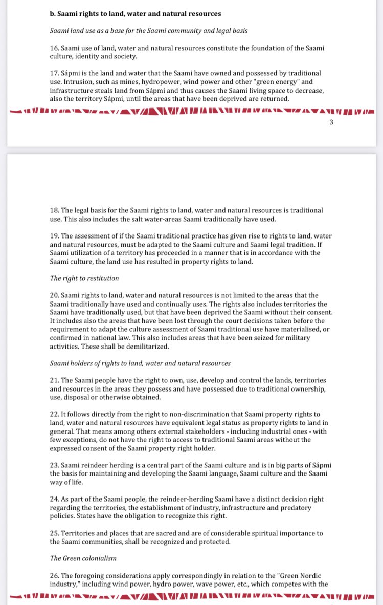 This history of colonialism is far from over though, it’s still ongoing. One aspect of that is that the Sámi still lack rights to their land, water, and resources. The screenshots below are from this document:  https://static1.squarespace.com/static/5dfb35a66f00d54ab0729b75/t/5e722293aee185235a084d70/1584538266490/TRÅANTE_DECLARATION_english.pdf