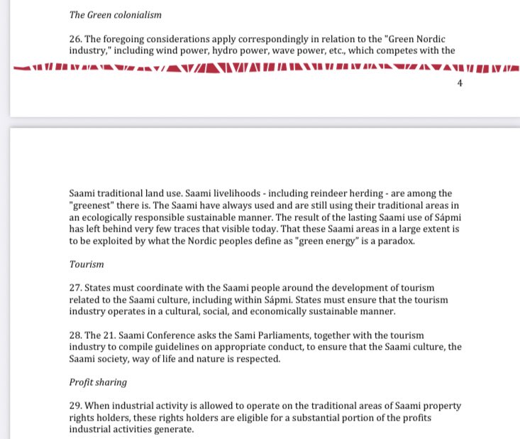 This history of colonialism is far from over though, it’s still ongoing. One aspect of that is that the Sámi still lack rights to their land, water, and resources. The screenshots below are from this document:  https://static1.squarespace.com/static/5dfb35a66f00d54ab0729b75/t/5e722293aee185235a084d70/1584538266490/TRÅANTE_DECLARATION_english.pdf