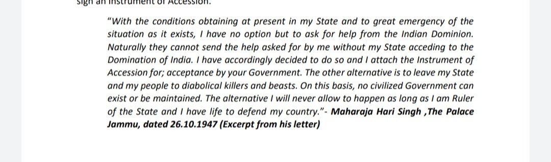 چوبیس اکتوبر انیس سو سینتالیس کو مہاراجہ ہری سنگھ نے انڈیا کے ساتھ الحاق پر دستخط کردیئے اس خط میں وجوہات یہ بتائیں گئیں.