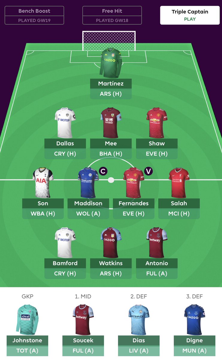 GW23 team locked in Transfers: Stones, Sterling & Mitchell -> Shaw, Maddison & Mee (-4)Maddison Big thanks to  @LiberoFpl’s great thread on LIVMCI, and  @FPLRobbed for a good discussion around my team selection Please share your  #FPL thoughts below 