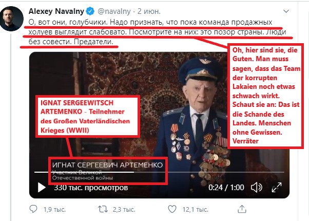 Als im letzten Jahr die neuen Verfassungsänderungen in Russland diskutiert wurden, bezeichnete Nawalny alle Teilnehmer eines Videos für die Änderungen als "korrupte Lakaien", "Schande" und "Verräter".Darunter war der 95-jährige Weltkriegsveteran Ignat Artemenko.(2/7)