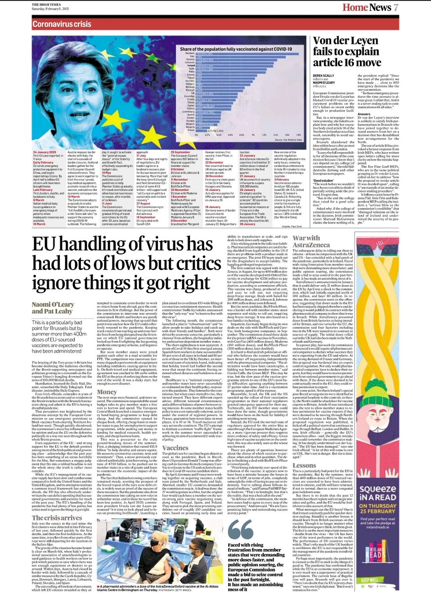 Anyway, myself and  @PatLeahyIT do our best to sum up how the EU has fared in its pandemic year in this piece, available online or in your Irish Times weekend edition.  https://www.irishtimes.com/news/politics/eu-handling-of-covid-has-had-lots-of-lows-but-critics-ignore-things-it-got-right-1.4477315
