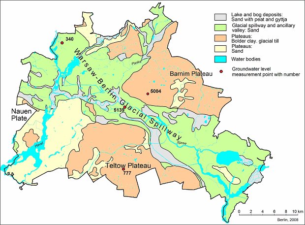 Berlin sits on the river Spree, which in fact ran along a glacial valley between Warsaw and Berlin in the ice age. As a result the city sits on a rich bed of groundwater.Each pump is actually a working well into that water table, acting as an emergency water source.