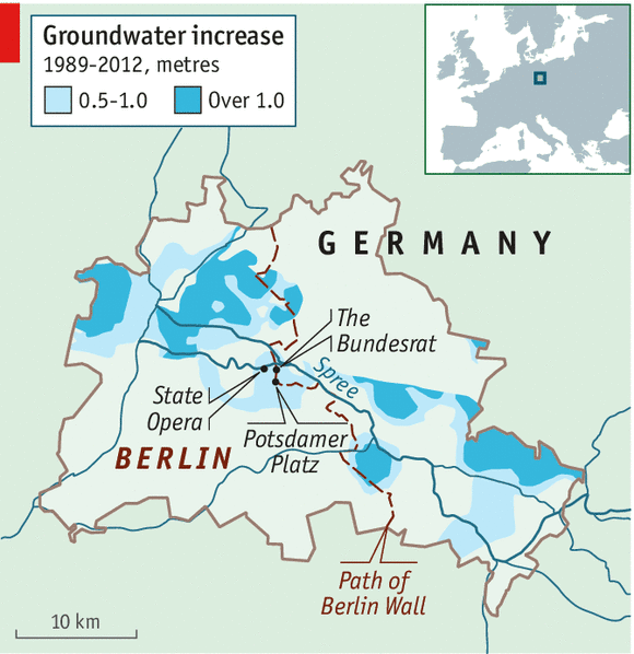 Groundwater levels are rising in Berlin, and construction is constant. The pipes pump water from the construction sites into the Spree. Their colours represent the different companies that do the pumping.