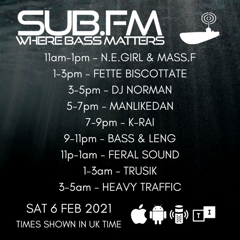 Sub FM (@subfm) on Twitter photo The lineup for Saturday 6th February 2021
Sub.FM
<a href="/DocstepFM/">Dj FetteBiscottate</a> <a href="/manlikedanukg/">ManLikeDan</a> <a href="/KraiMusic/">Ryan (K-Rai) Stinnett</a> <a href="/Wedge_DJ/">Wᴇᴅɢᴇ😷</a> <a href="/_trusik/">TRUSIK</a> @HeavyTrafficRec
#Dubstep #UKGarage #BassMusic #DnB #Jungle #Grime #Dub #Reggae #House #Techno #Jungle #Juke #Bass #Radio The lineup for Saturday 6th February 2021
Sub.FM
<a href="/DocstepFM/">Dj FetteBiscottate</a> <a href="/manlikedanukg/">ManLikeDan</a> <a href="/KraiMusic/">Ryan (K-Rai) Stinnett</a> <a href="/Wedge_DJ/">Wᴇᴅɢᴇ😷</a> <a href="/_trusik/">TRUSIK</a> @HeavyTrafficRec
#Dubstep #UKGarage #BassMusic #DnB #Jungle #Grime #Dub #Reggae #House #Techno #Jungle #Juke #Bass #Radio